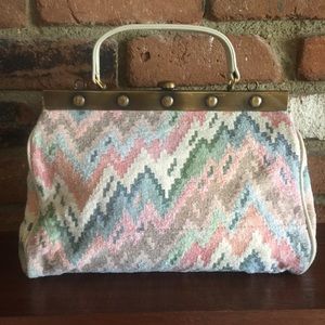 Vintage needlepoint tapestry pastel Carpet Bag brass leather + shoulder strap